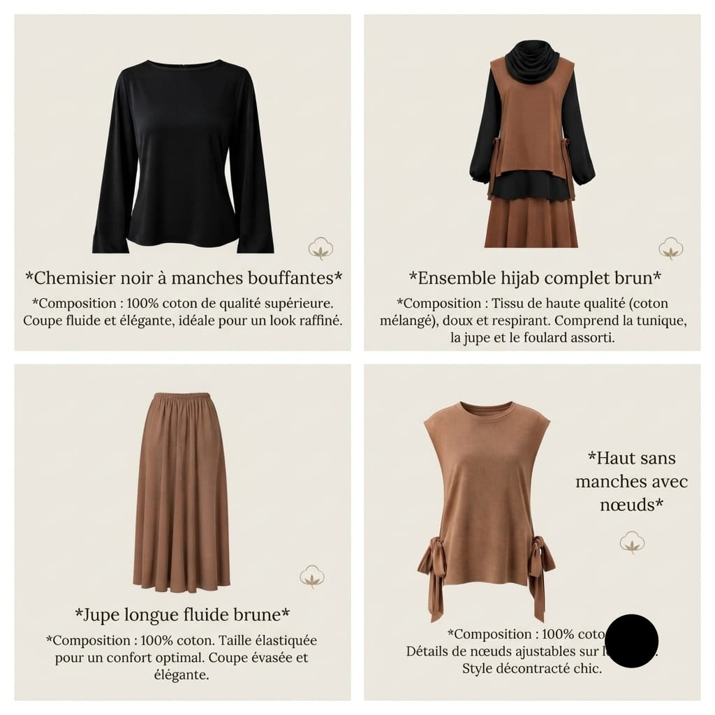 Ensemble Modeste 3 Pièces "Amira" — Tunique Caramel à Nœuds + Top Noir + Jupe Longue + Foulard