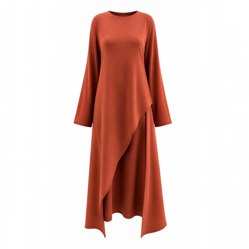 Ensemble 3-Pièces "Nour" — Tunique Asymétrique Terracotta + Jupe Fluide Crème + Foulard