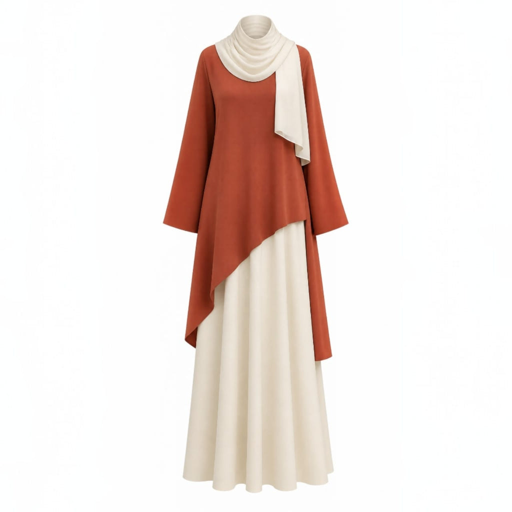 Ensemble 3-Pièces "Nour" — Tunique Asymétrique Terracotta + Jupe Fluide Crème + Foulard