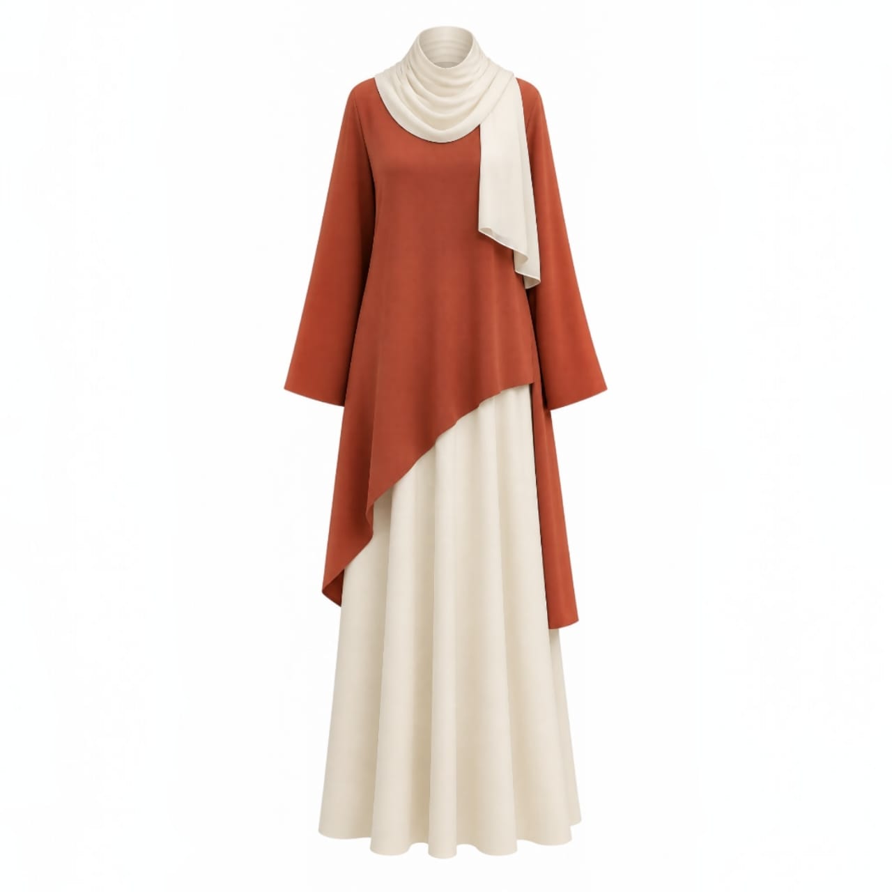 Ensemble 3-Pièces "Nour" — Tunique Asymétrique Terracotta + Jupe Fluide Crème + Foulard
