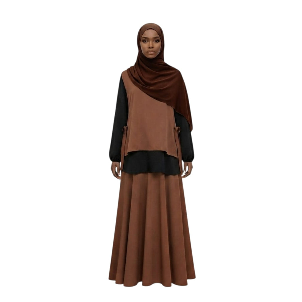 Ensemble Modeste 3 Pièces "Amira" — Tunique Caramel à Nœuds + Top Noir + Jupe Longue + Foulard