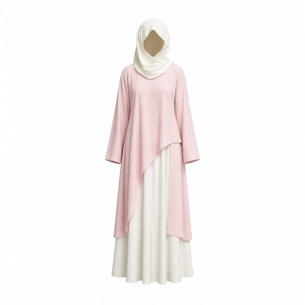 Ensemble 3-Pièces "Lina" — Tunique Asymétrique Rose Poudré + Jupe Longue Blanche + Foulard