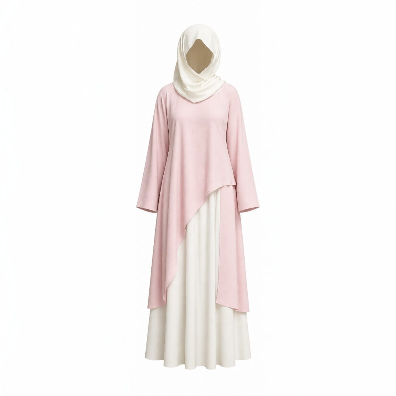 Ensemble 3-Pièces "Lina" — Tunique Asymétrique Rose Poudré + Jupe Longue Blanche + Foulard
