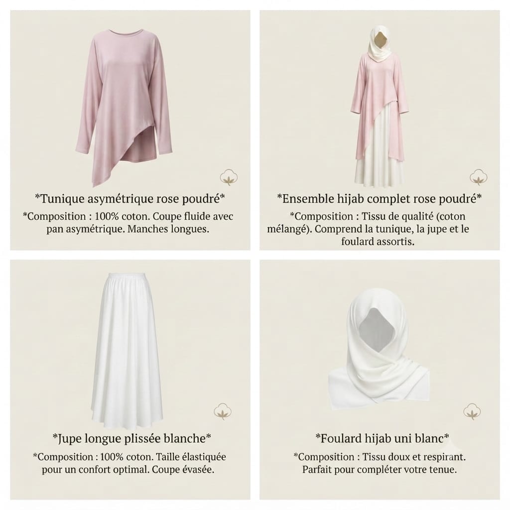 Ensemble 3-Pièces "Lina" — Tunique Asymétrique Rose Poudré + Jupe Longue Blanche + Foulard