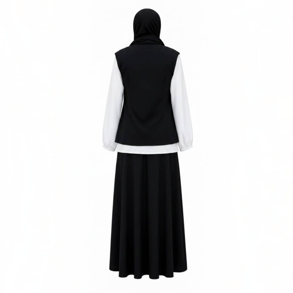 Ensemble Modeste 3 Pièces "Yasmine" — Gilet Noir à Nœuds + Blouse Blanche + Jupe Longue + Foulard