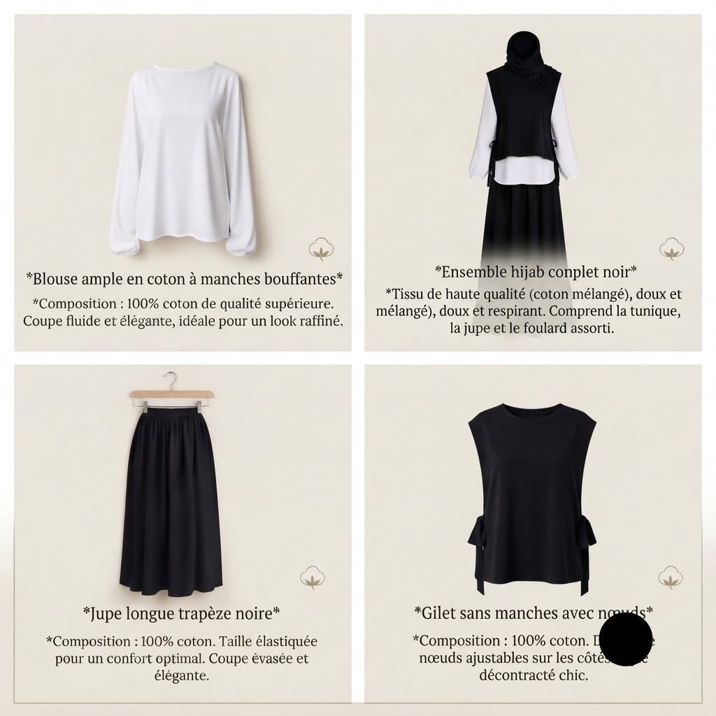 Ensemble Modeste 3 Pièces "Yasmine" — Gilet Noir à Nœuds + Blouse Blanche + Jupe Longue + Foulard