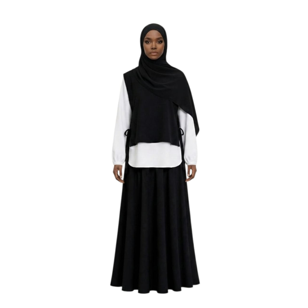 Ensemble Modeste 3 Pièces "Yasmine" — Gilet Noir à Nœuds + Blouse Blanche + Jupe Longue + Foulard