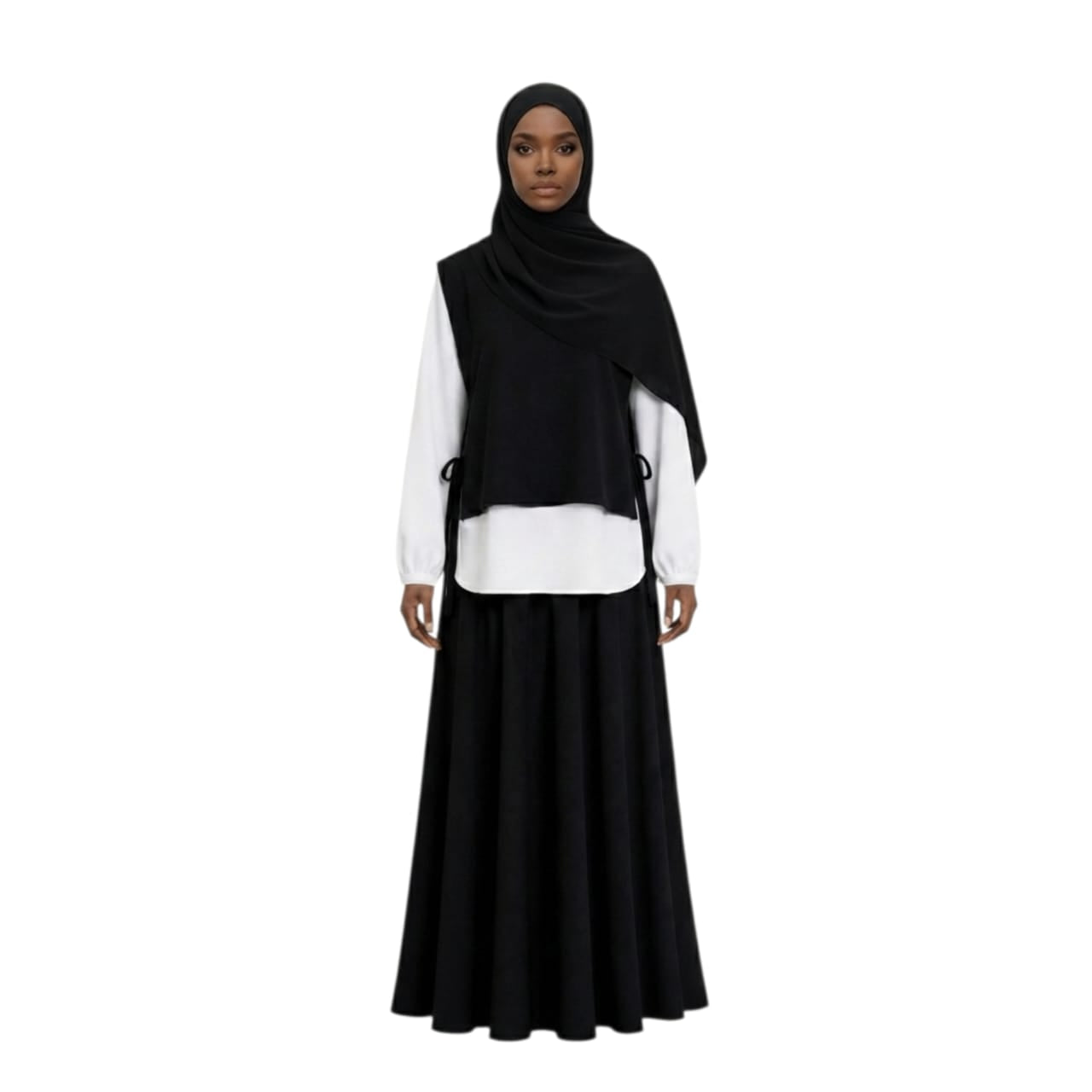 Ensemble Modeste 3 Pièces "Yasmine" — Gilet Noir à Nœuds + Blouse Blanche + Jupe Longue + Foulard
