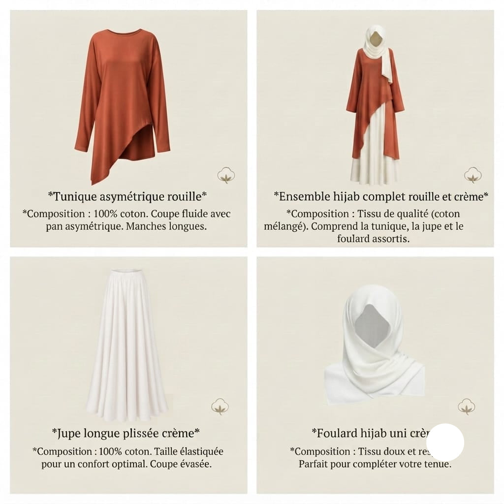 Ensemble 3-Pièces "Nour" — Tunique Asymétrique Terracotta + Jupe Fluide Crème + Foulard